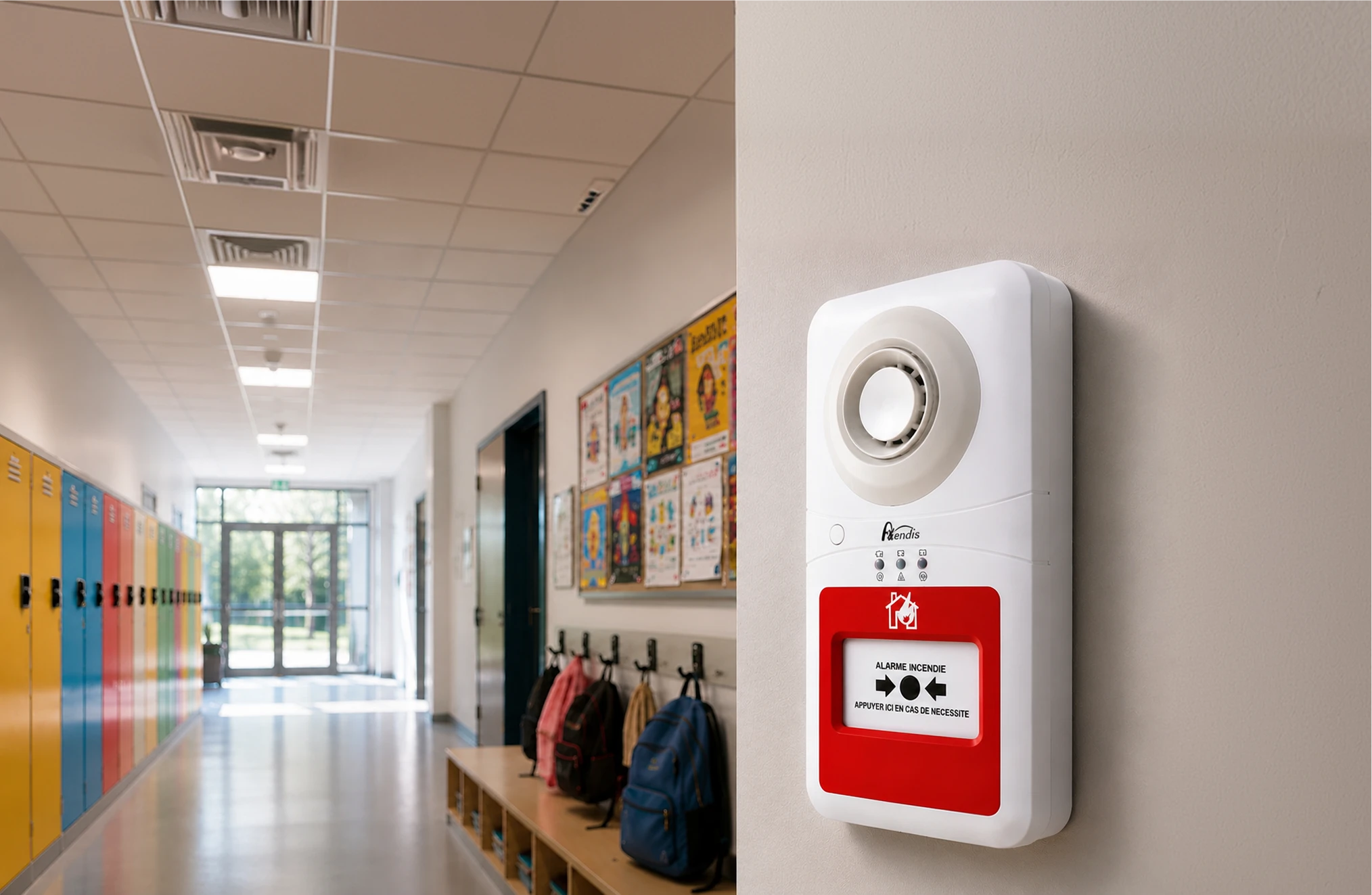 Alarme incendie Axendis installée dans le couloir d'un établissement scolaire